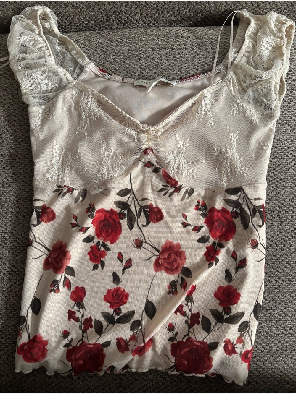 Lace-Trim Red Rose Print Cream Camisole